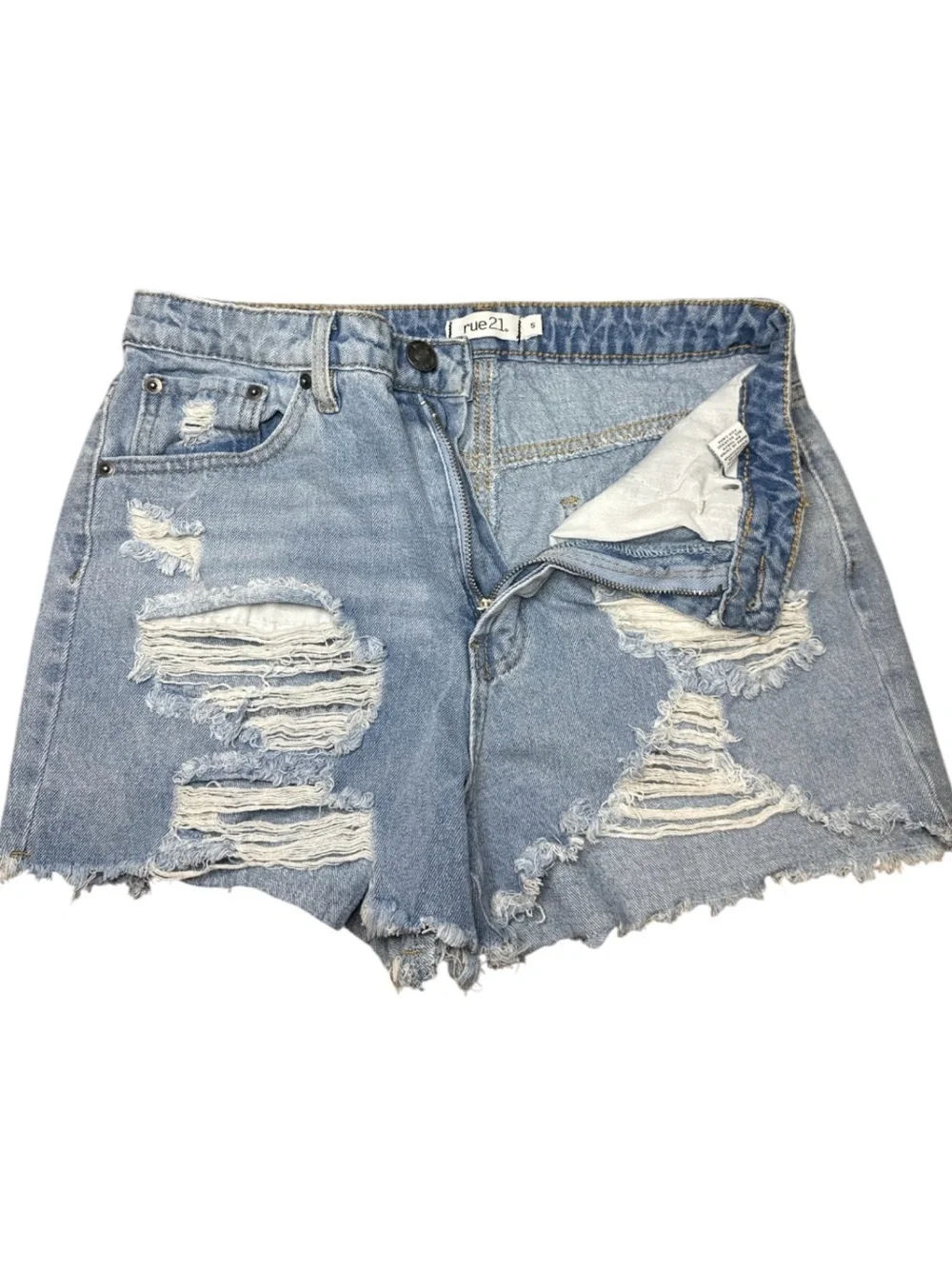Rue21 distressed high rise denim shorts size 5 light wash cutoff frayed hem